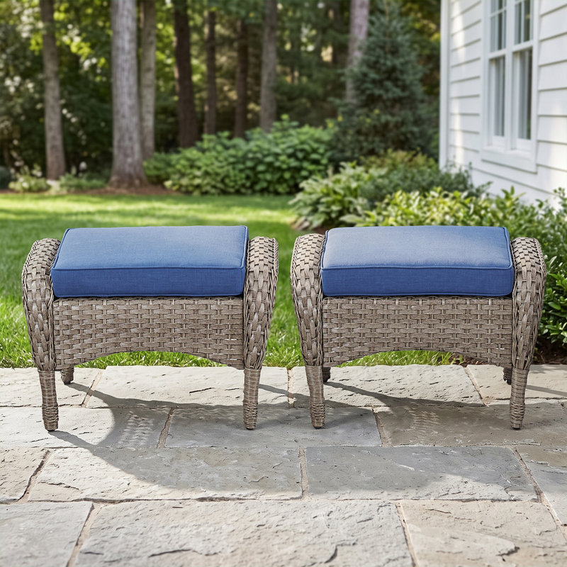 Repose-pieds d'extérieur en osier avec coussin Gaetanino, Gris, Bleu