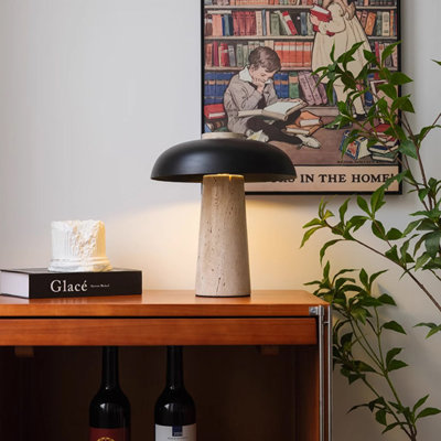 Small Beige Yellow Travertine  Modern Table Lamp with Metal Shade for Bedroom Living Room, Bulb Included