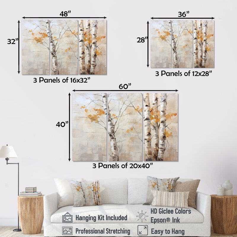 «Beige Silver Birch Tree Beauty», ensemble d'art mural bouleau, H 40 po x l 60 po x P 1 po