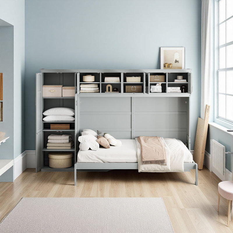 Grand lit escamotable mural avec armoires, Gris