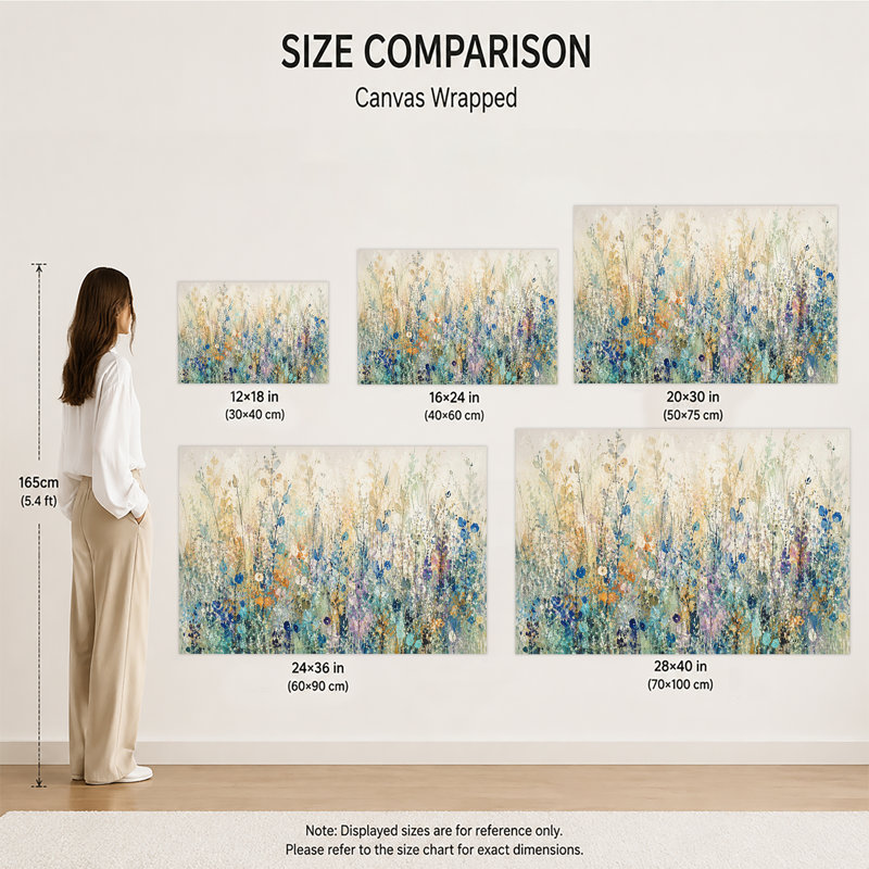 «Pastel Abstract Wildflower Field Gallery», reproduction sur toile tendue avec fleurs multicolores douces et fond neutre prêt à être accroché