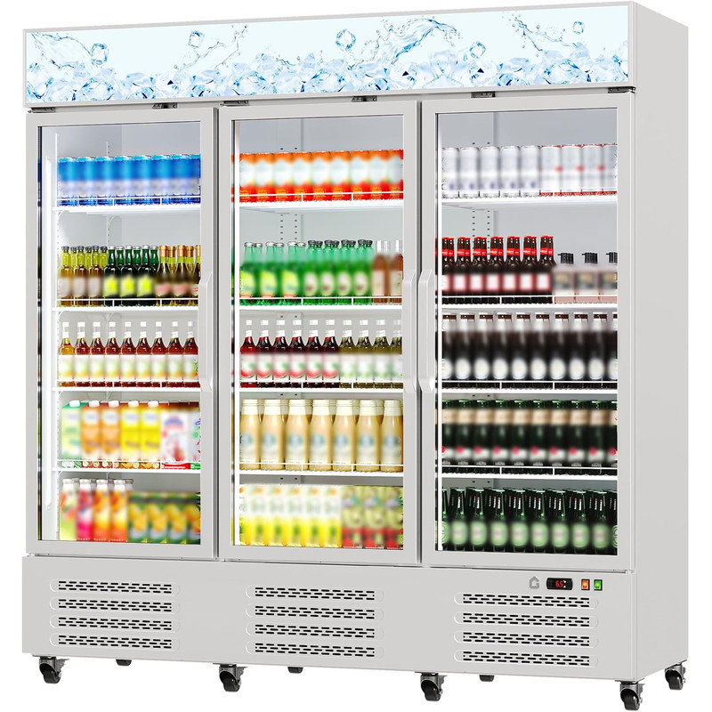 54.3 Cu.Ft. 3 Door Commercial Beverage Cooler, Frost-Free Display Refrigerator with 360° Cooling & Soft LED Light, White
