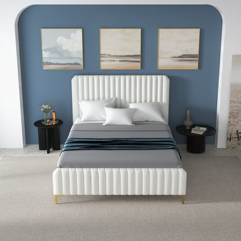 Lit plateforme tapissier gris Kelii, Grand, Crème