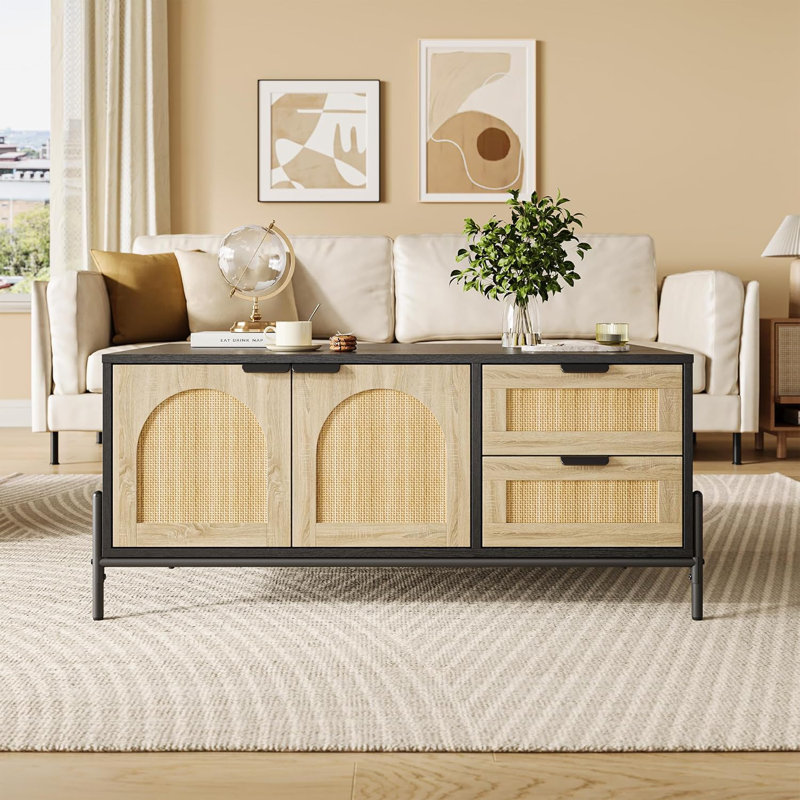 Table basse Mid-Century moderne avec 4 tiroirs et tablette de rangement ouverte