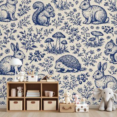 Peel and Stick Wallpaper Whimsical Woodland Animals Floral Patterns Squirrels Rabbits Hedgehogs Wall Murals 69"H x 96"W Removable PVC Wall Paper Self-Adhesive Wall Decor for Bedroom Living Room Home Office
