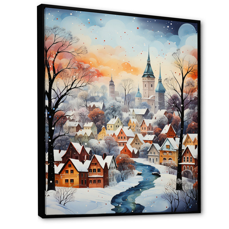 Winter Village In 1950, reproduction d'art sur toile, H 32 po x l 24 po x P 1 po, Cadre flottant noir