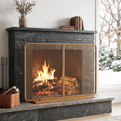 Erick 50.39'' Wide Modern Two-Panel Iron Fireplace Screen with Reinforced Mesh and Freestanding Base