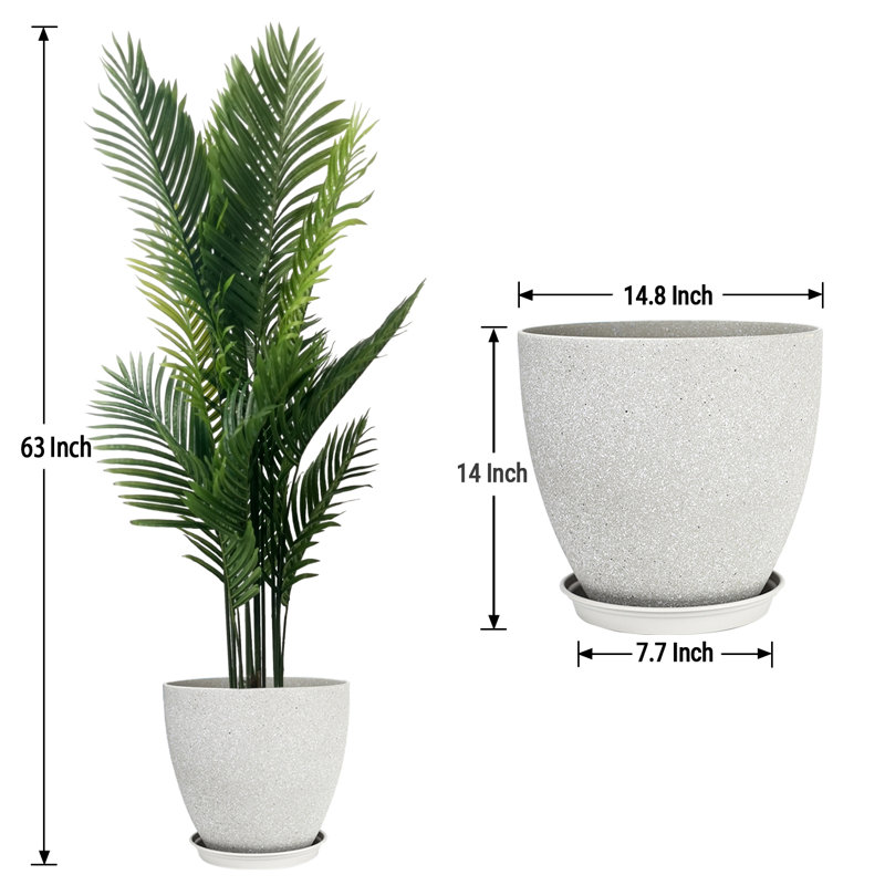 Pots de plantes ronds avec plateau en forme de palmier artificiel de type B et résine, H 62,99 po x l 19,69 po x P 19,69 po