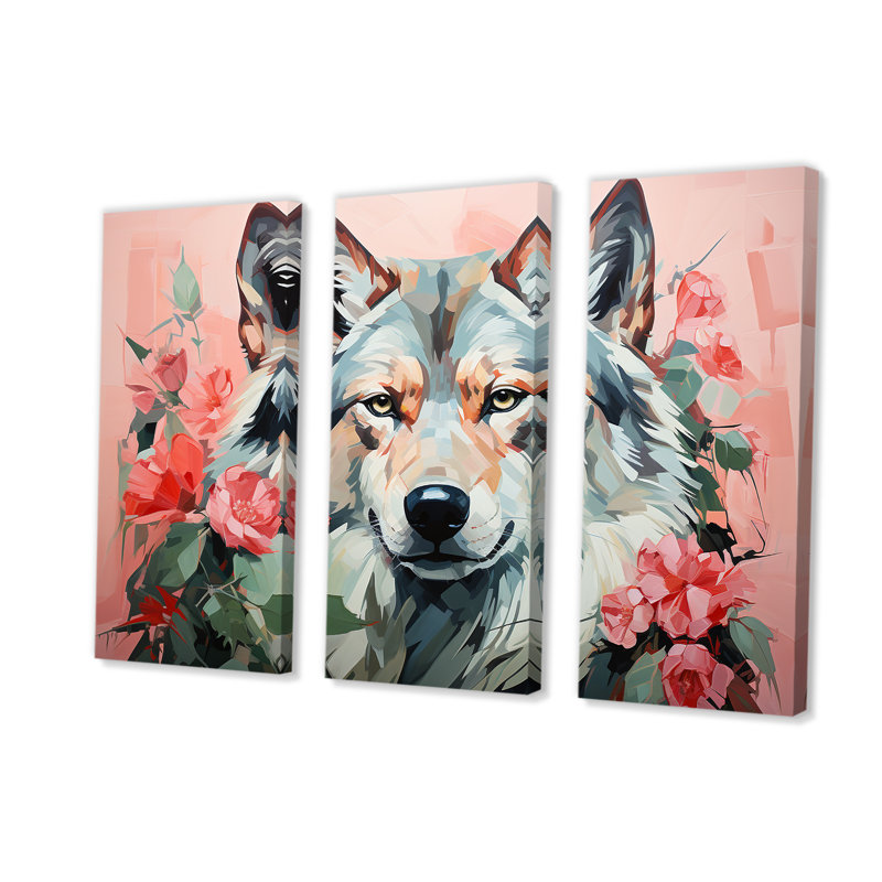 Portrait de loup bohémien rose et vert IV - loup, art mural, Toile tendue, H 28 po x l 36 po