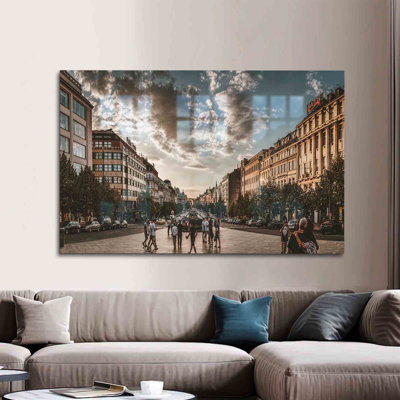 Tempered Glass Mural Art Featuring a Landscape View of Wenceslas Square Ideal as Striking Wall Decor for Modern Homes