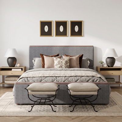 Winton Low-Profile Textured Upholstered Platform Bed with Solid Wood Trim and Slat Support