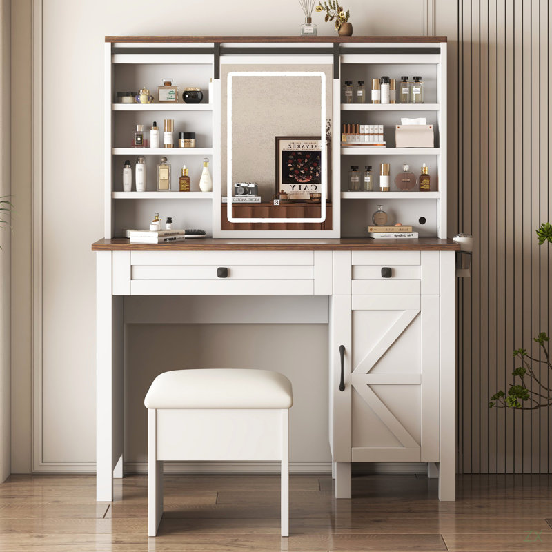 Bureau de coiffeuse de maquillage de ferme avec miroir coulissant et lumières et support de sèche-cheveux