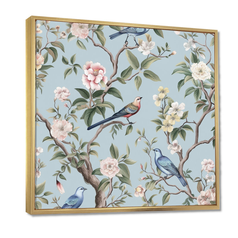 Amritha chinoiserie avec oiseaux et pivoines, art mural pour salon, oiseaux, 44" H x 44" W, Cadre flottant doré