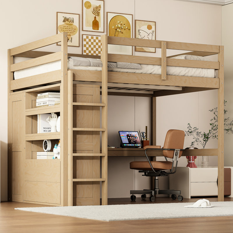 Lit mezzanine double pleine grandeur avec garde-robe, bureau et tiroirs intégrés pour améliorer le système de rangement de la chambre à coucher
