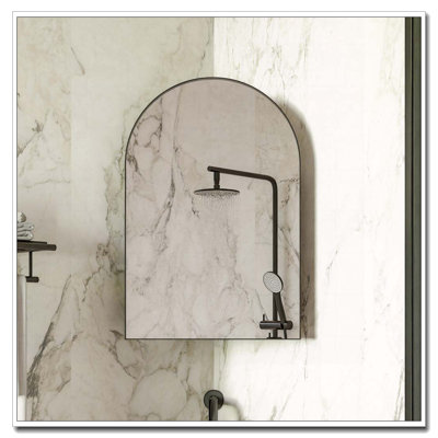 Metal Corner Medicine Cabinet with Arched Mirror, Adjustable Glass Shelves, Space-Saving Bathroom Storage Organizer for Small Spaces