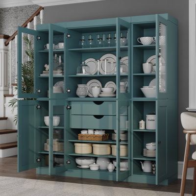 100% Solid Wood Pantry China Cabinet, Clear Glass & Shaker Doors, 2 Drawers, Adjustable Shelves, 65" Wide, 71.5" Tall