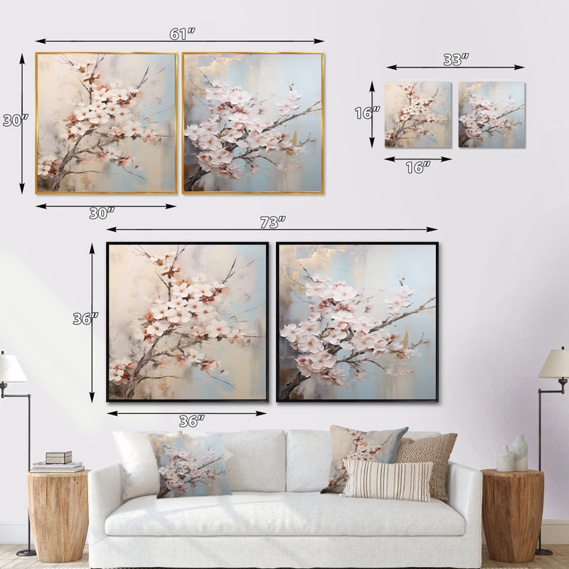 Minimalisme - Ensemble de 2 cerisiers en fleurs roses et blanches, Cadre flottant noir, H 16 po x l 33 po