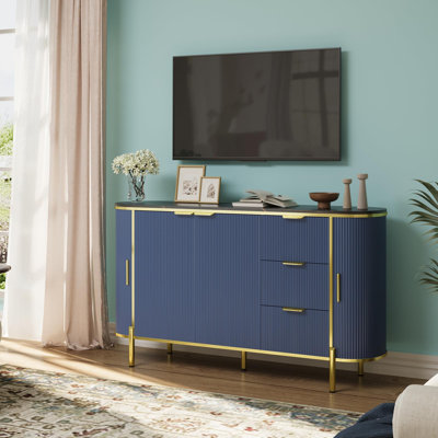 Sideboard Buffet Storage Cabinet, 60in Large Modern Fluted Cupboard Coffee Bar TV Console Cabinet with 3 Drawers