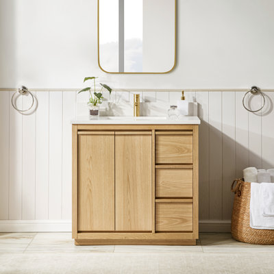 Clairence 36 In. Single Sink Freestanding Bath Vanity In Light Oak With Carrara Quartz Top