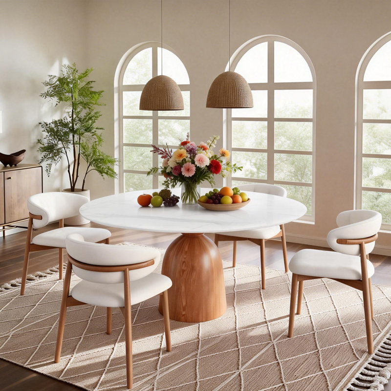 Ikerne 4 - Person Dining Sets With 47'' Round Table & 4 Upholstered Myra Dining Chairs, White, 29.52"H x 47.24"L x 47.24"W