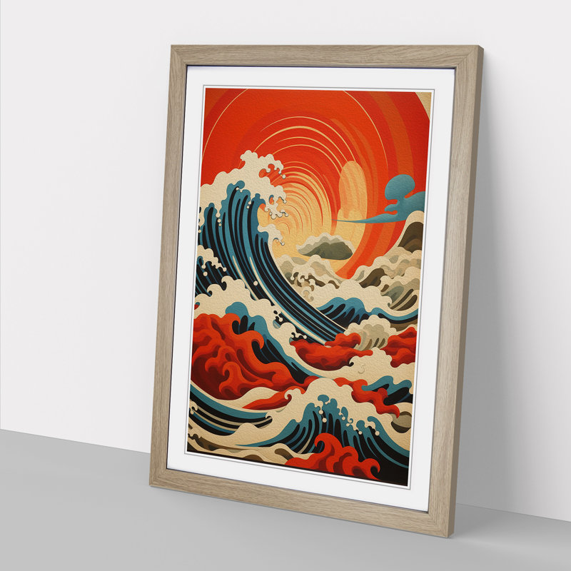 XYZ-FRM-V1223-6456 Wave Japanese Constructivism No.2 - Single Picture Frame Print on Wood, Oak, 64cm H x 46cm W x 2cm D