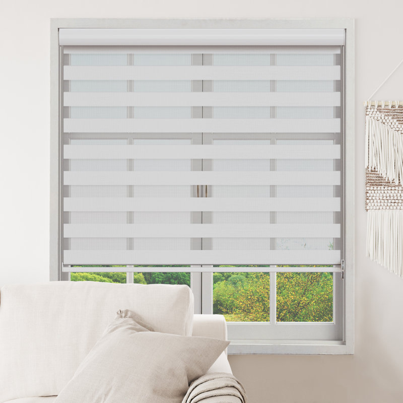 Zebra Blinds Window Dual Layer Roller Shades, Corded Horizontal Blind, Bedroom, Privacy, 72" Length, 30"W x 72"L, White