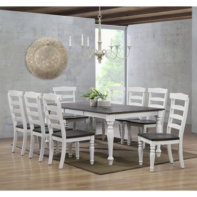 Sunset Trading French Chic 60"-78"-96" Wide Extendable Dining Table | Ladderback Chairs | 3 Size Rectangular Expanding Space-Saving Kitchen Furniture | Distressed White & Brown Wood | Seats 6-10