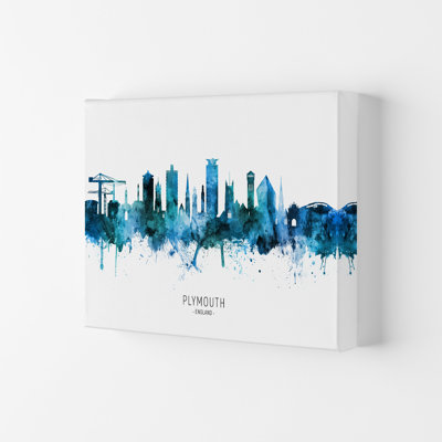 Plymouth England Skyline Blue City Name by Michael Tompsett - Print