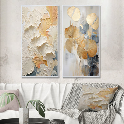 Modern Golden Beige Plam Tree - Abstract Botanicals Wall Decor Set Of 2