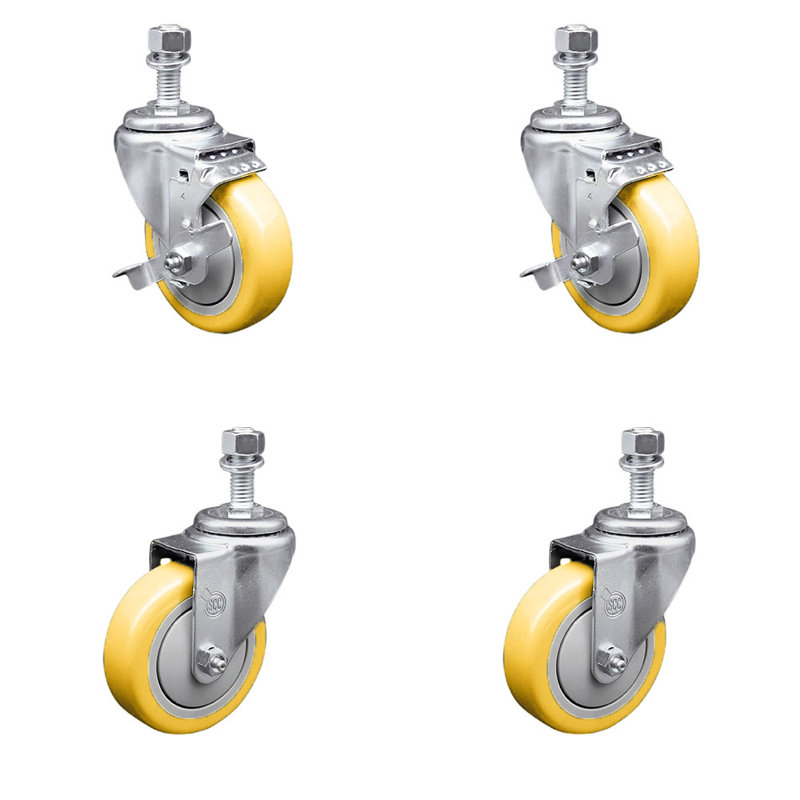 Ensemble de 4 roulettes à tige filetée en polyuréthane pivotant de 12 mm et 4 freins, Jaune