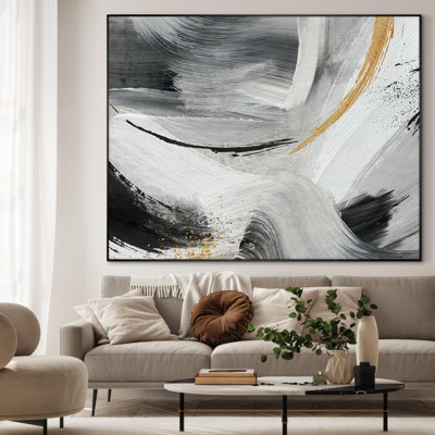 Abstract d Brushstrokes in Black and White Home Decor Extra Large Framed Wall Art Print (Frame Assembly Required)