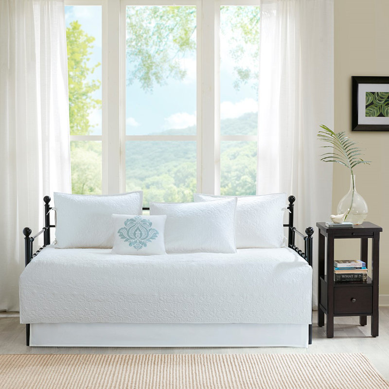 Ensemble de housse de lit de jour réversible 6 pièces, motif uni et rayé à double face, taille simple avec housse de lit de jour, jupe de lit, taies décoratives et coussin décoratif