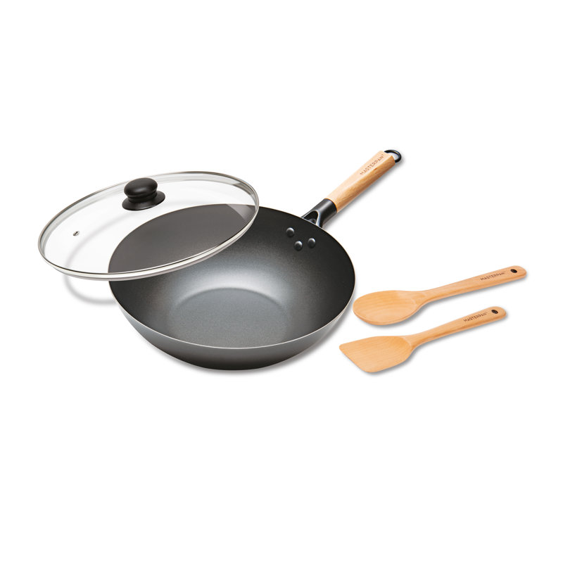 12-Inch Non-Stick Carbon Steel Wok with Glass Lid and Wooden Utensils