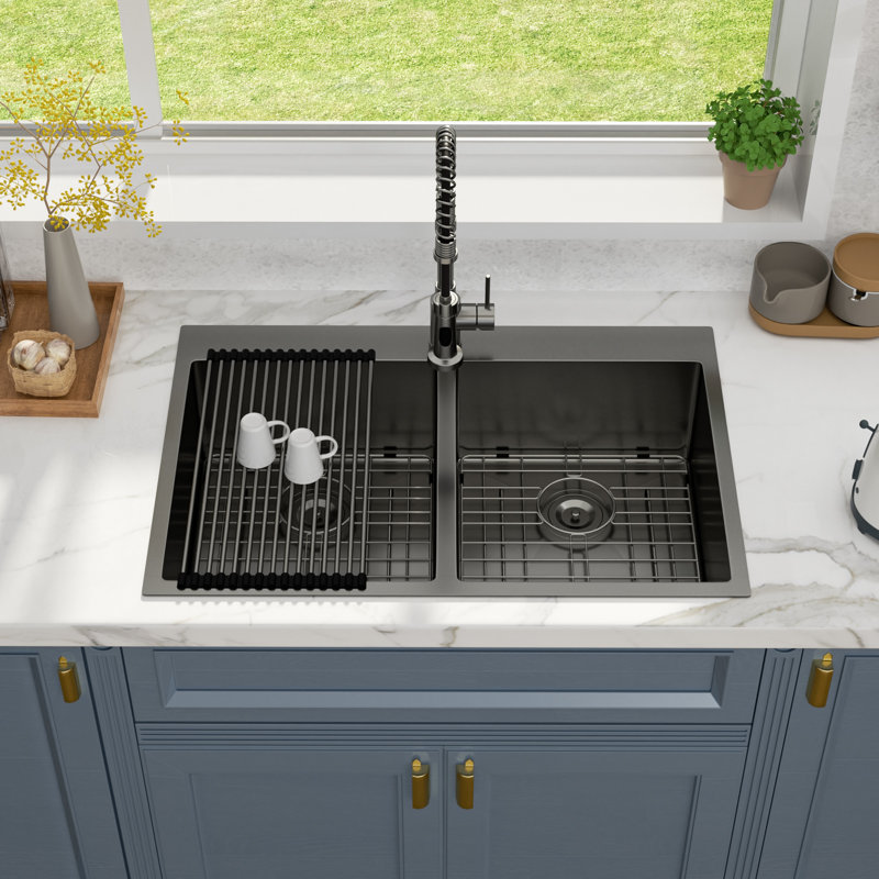 33x22 Inch Gunmetal Black Drop-in Double Bowl Kitchen Sink T304 16 Gauge Stainless Steel Topmount Double Basin Sink, 50/50