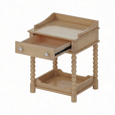 Retro Style Nightstand With Drawer And Open Shelf For Bedroom, Bedside Table With Turned Legs And Metal Handle