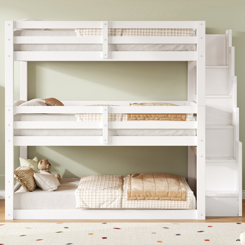 Corwyn Triple Bunk Bed With Storage Staircase And Solid Pine Construction, White