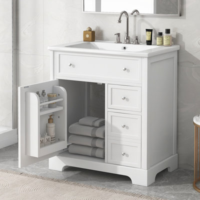 Meuble-lavabo en bois massif durable avec lavabo en céramique et rangement spacieux, parfait pour les salles de bain modernes