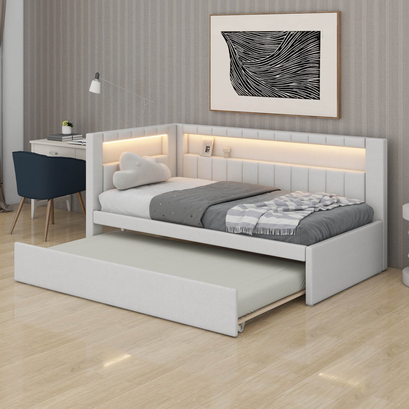 Lit plateforme tapissier simple avec ports USB et ceinture à DEL, structure de lit de jour souple avec lit gigogne, canapé de jour
