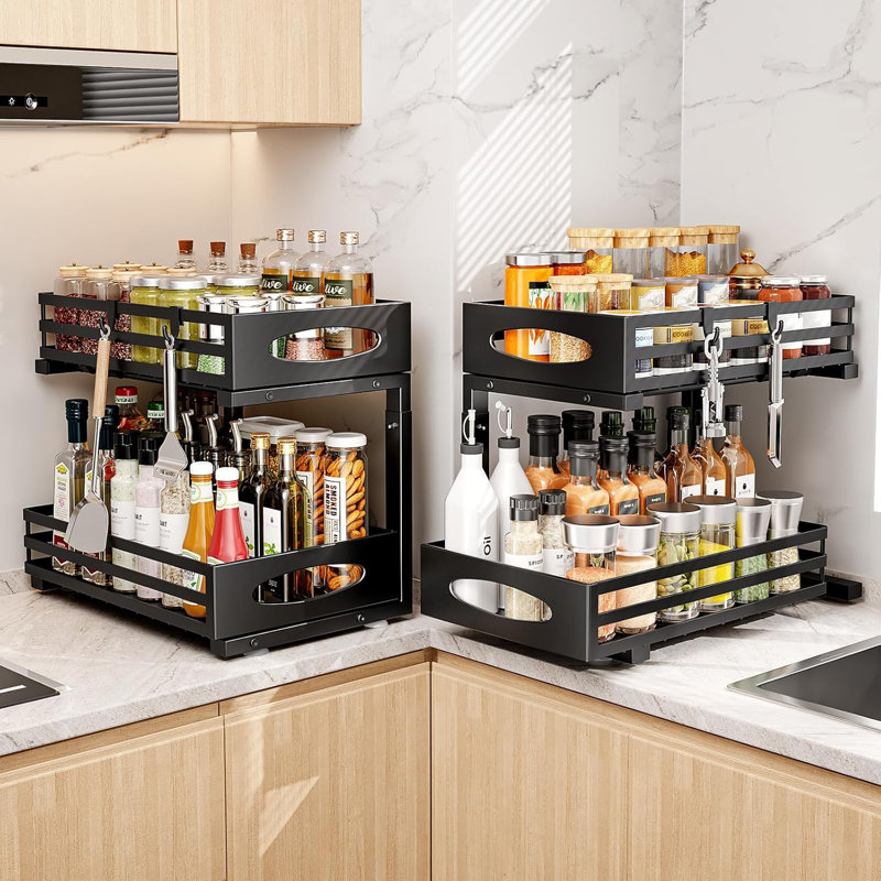 Under Sink Organizer With Pull-Out Design, Adjustable Steel Cabinet Storage Shelf For Kitchen And Bathroom, Durable And Space-Saving Solution