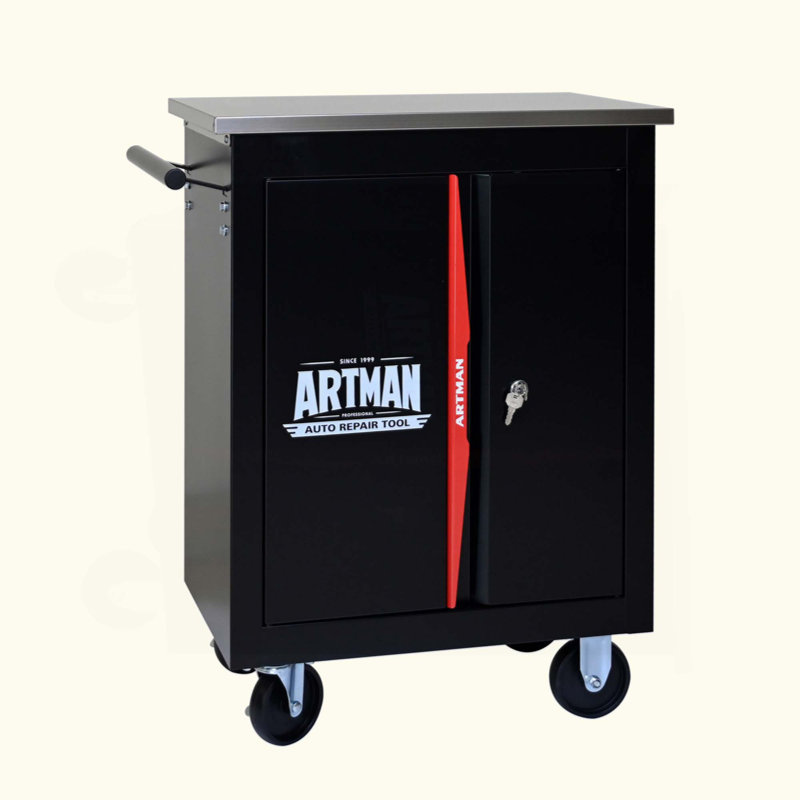 Chariot à outils multifonction à double porte avec comptoir en acier inoxydable, solution de rangement durable et mobile pour les garages et les ateliers.