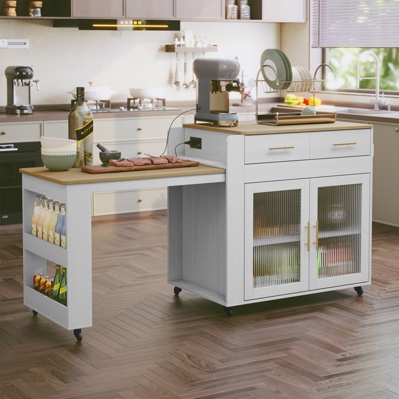 Jamirrah  Kitchen Island with Extendable Table, White/Natural