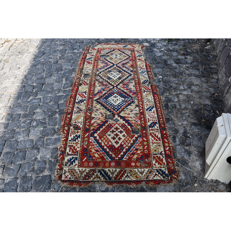Tapis de couloir turc rétro tissé à la main avec des motifs géométriques audacieux en rouge vif et bleu / rouge
