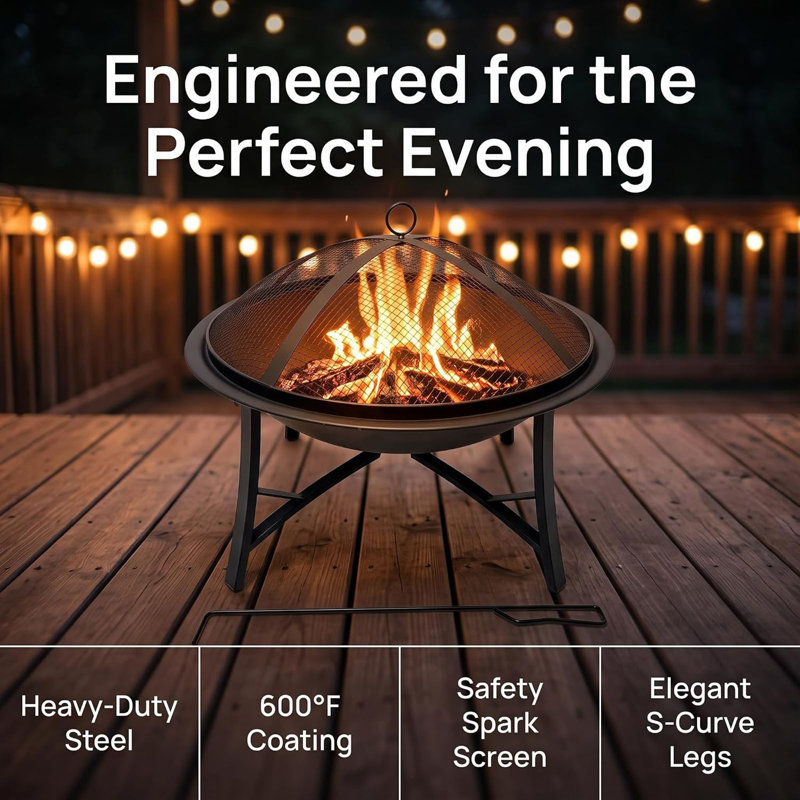 DIDADI 22" Outdoor Wood Burning Fire Pit with Spark Screen, Black, 600 Degree High Temp Paint; Thick Carbon Steel; Rust Resistant; Large Capacity; Family Safe; Backyard Patio Bonfire