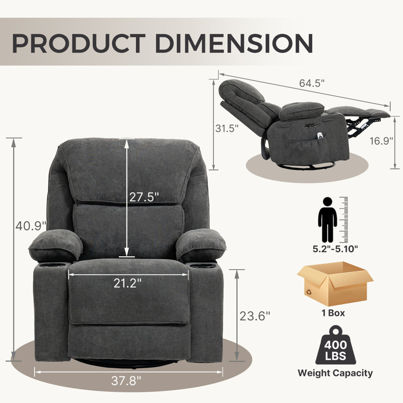 Electric Power Massage Heated Recliner Swivel Rocking Reclining Chair with USB Type C and Cup Holders (Dark Gray), Dark Gray