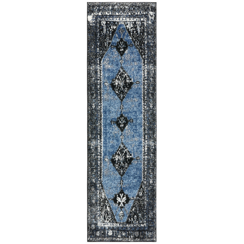 Tapis oriental bleu / gris Carwyn, Tapis de couloir 2 pi 3 po x 8 pi