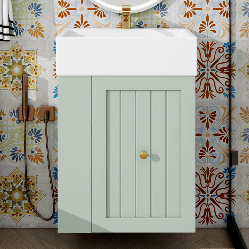 Lavabo de meuble-lavabo moderne en céramique 20 po, armoire en panneau de fibres à densité moyenne avec tiroir et poignée latérale dorée pour petits espaces
