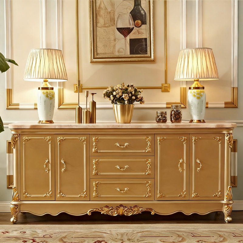 Buffet en bois massif doré, H 35,43 po x l 94,49 po x P 17,72 po