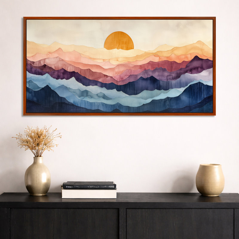 «Beige Blue Abstract Sunset Peaks», reproduction sur toile encadrée moderne, art mural grand nature, H 24 po x l 32 po
