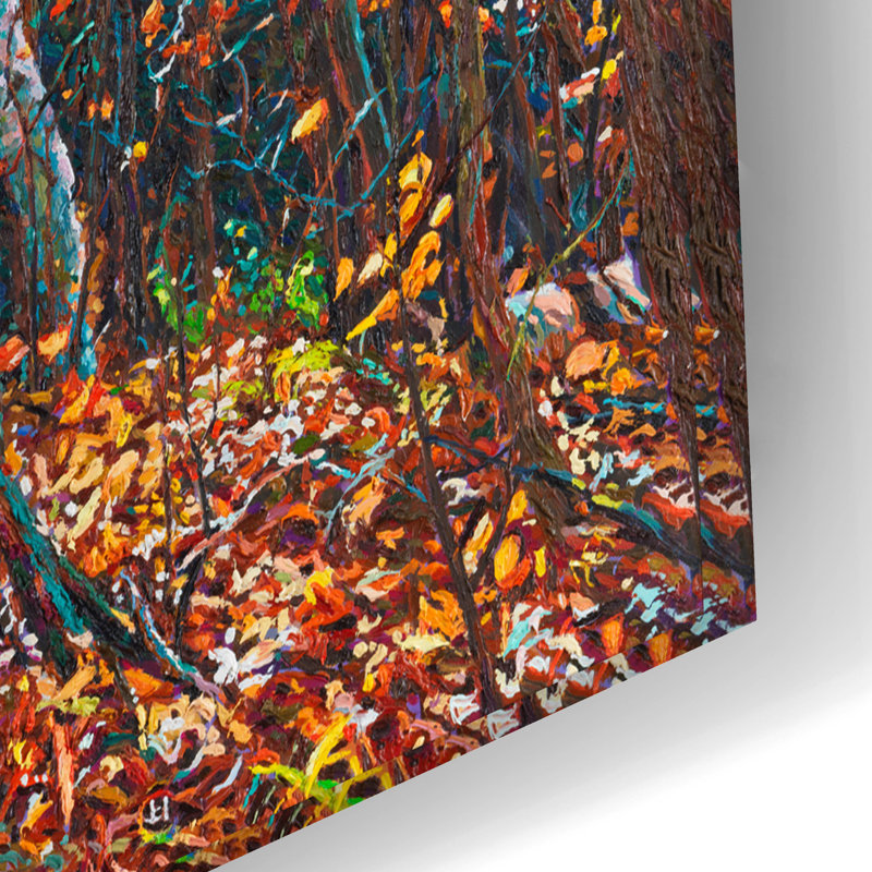 «Fall Forest Trail traverse the Birch» par Joanne Towers, art mural en verre acrylique, H 16 po x l 24 po x P 0,2 po