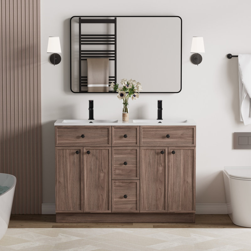 Jadaya 48 Inch Double Sink Bathroom Vanity Set With Resin Sink Top, Assembly Required, Dark Walnut